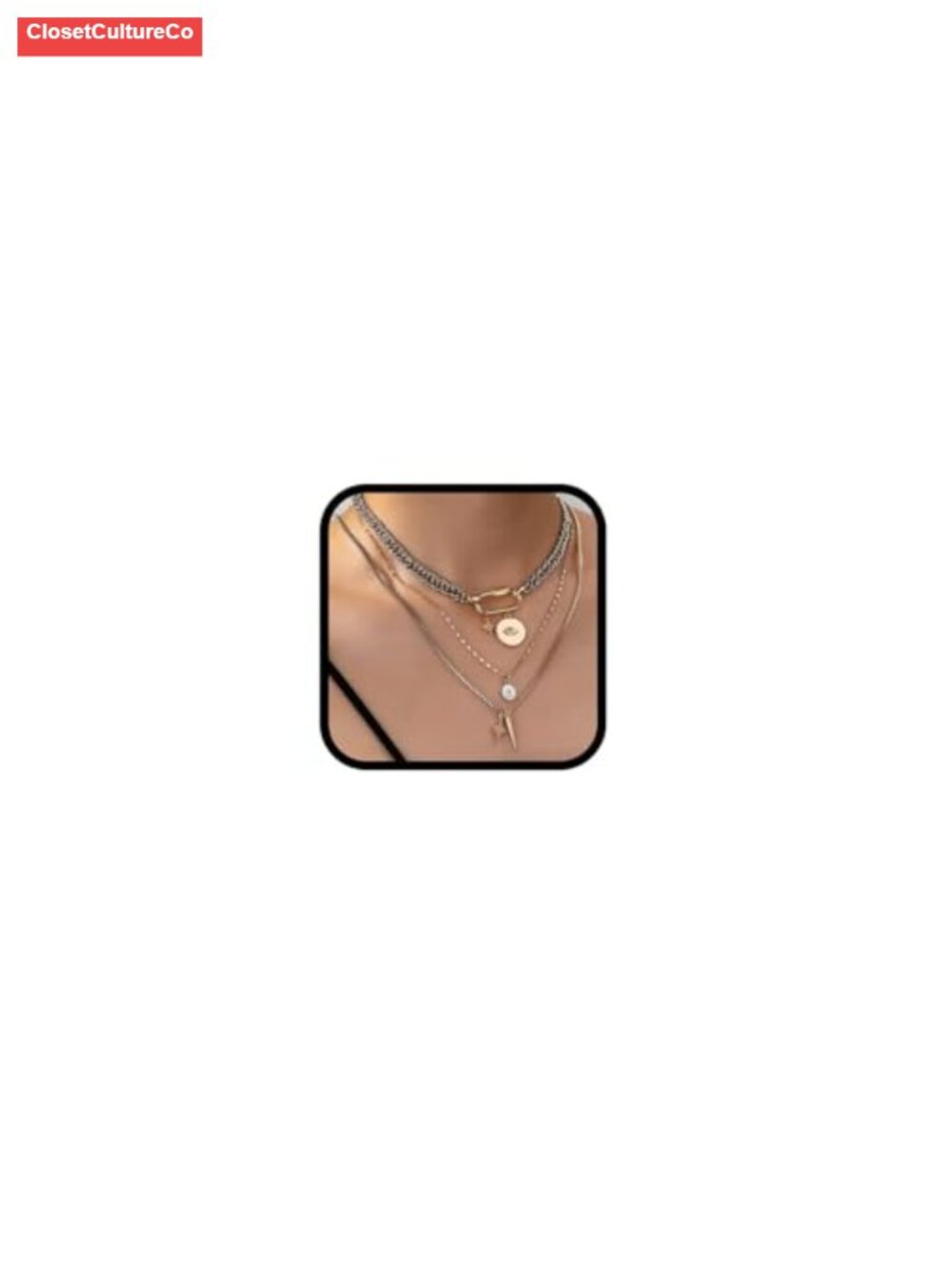 LayerChunky Two Tone Necklace Set Court Pendant Paperclip Stacked Statement